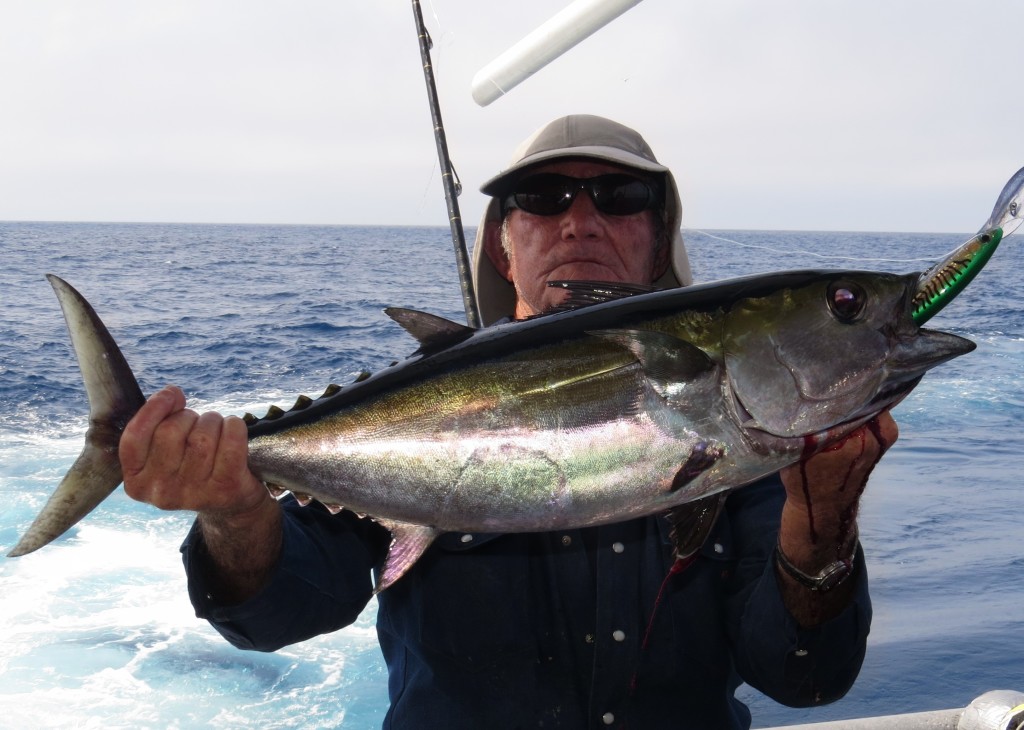 Jig Head ed Sumrall from West Palm Florida showing off a nice blackfin tuna from trolling on our 39 hour long range fishing adventure