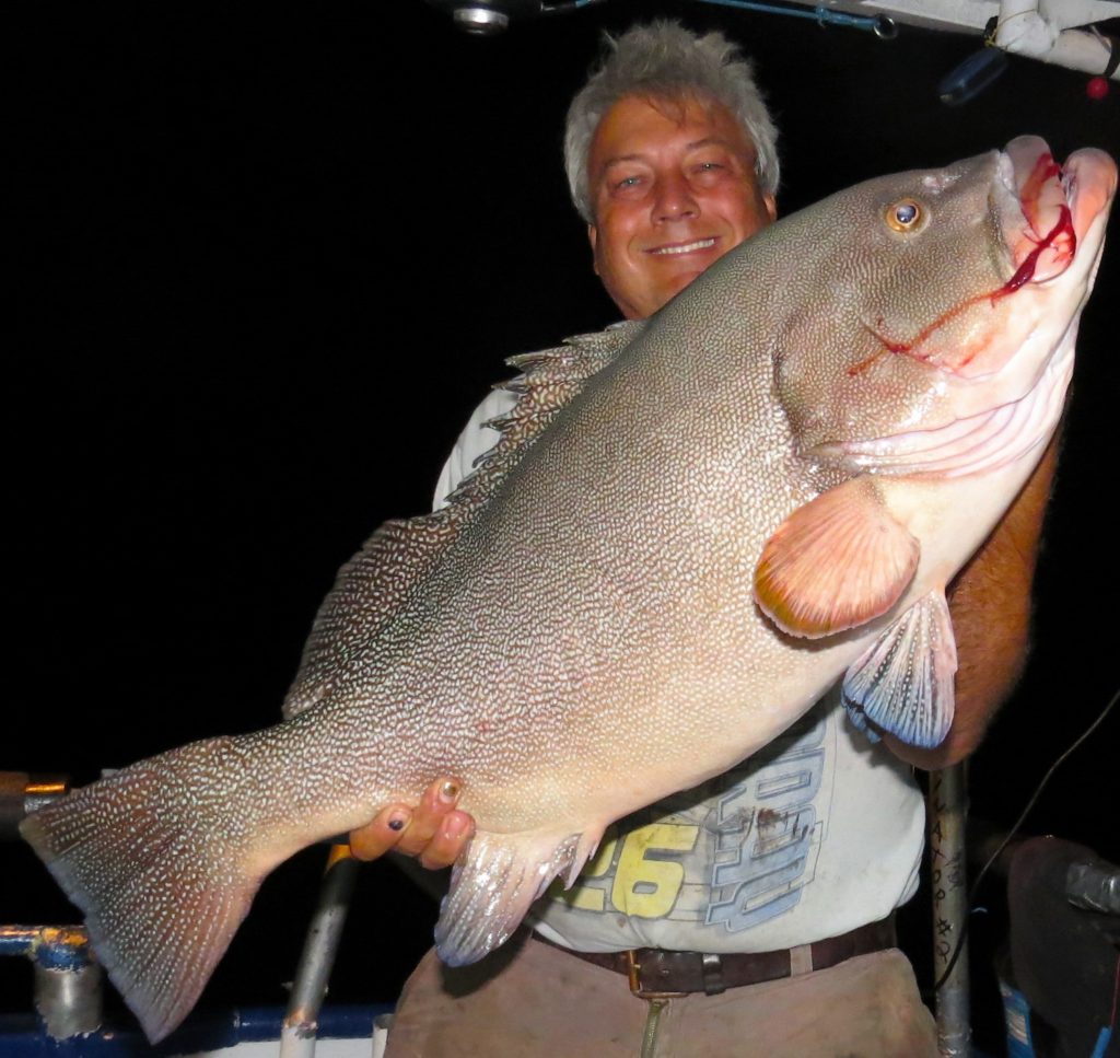 Bo Janecka showing off a MONSTER kitty mitchell grouper these guys are so rare they only allow one per boat and we only see them in the super deep waters