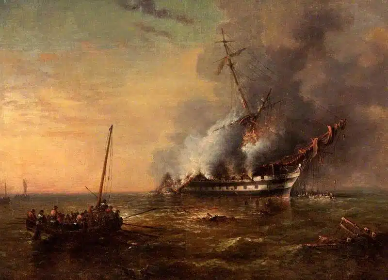 Kerr, George Cochrane, c.1825-1907; HMS 'Bombay' on Fire at Montevideo, Uruguay, 22 December 1824