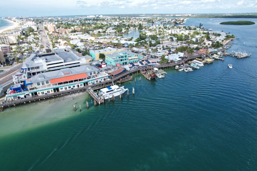aerial view of Hubbards marina and the john's pass boardwalk in madeira beach florida